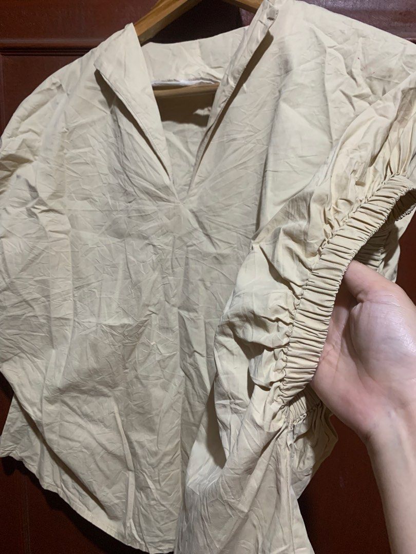 PLAIDWHITE Beige Plain Blouse (Category: Blouses) located in San Pablo. Submitted by candyloved.luxe (Listing ID 1470013338, Image 3). Description: guaranteed authentic Presko Bust: 48-50 Waist: 48-50 Length: 24.