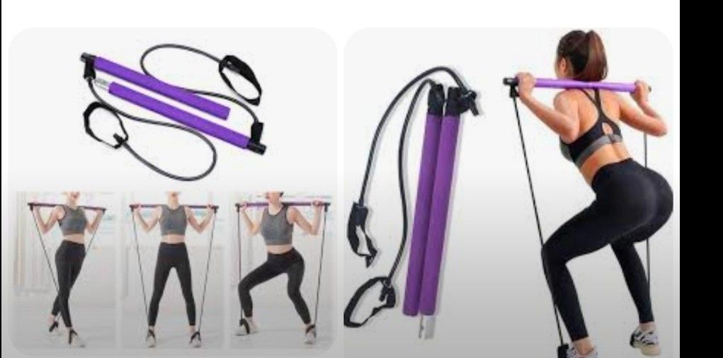 Portable Pilates Bar Kit with Resistance Bands (Category: Toning & Stretching Accessories) located in Bulacan. Submitted by babz30261 (Listing ID 1470102254, Image 2). Description: Purple exercise bar with attached resistance cords and foot loops. Great for home workouts, squats, stretching, and upper body toning. Breaks down into two pieces for easy storage. Lightweight design, super portable..
