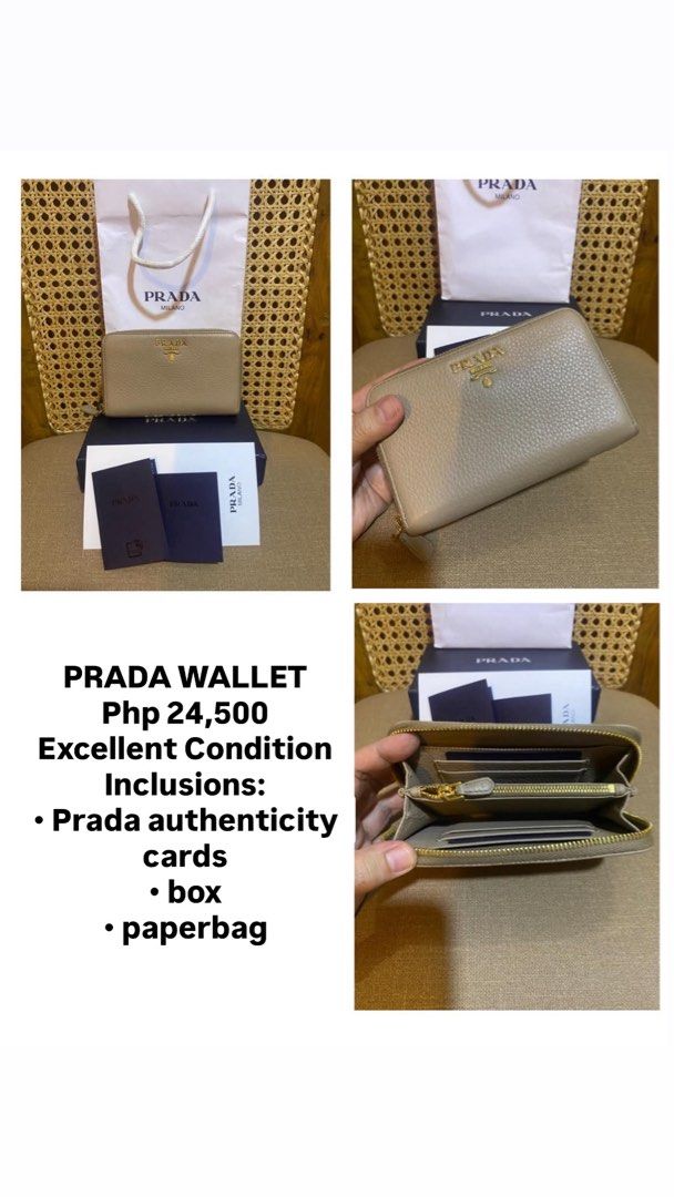 Prada Wallet (Category: Luxury Bags & Wallets) located in Manila. Submitted by 7pr9nj5hnh74503 (Listing ID 1469977291, Image 1). Description: - Authentic Prada zip-around wallet in chic beige pebbled leather - Accented with classic gold-tone hardware and front Prada lettering - Interior includes multiple card slots, slip pockets, and a secure zippered coin compartment - Condition: Very clean inside and out - Full inclusions: Original box, authent
