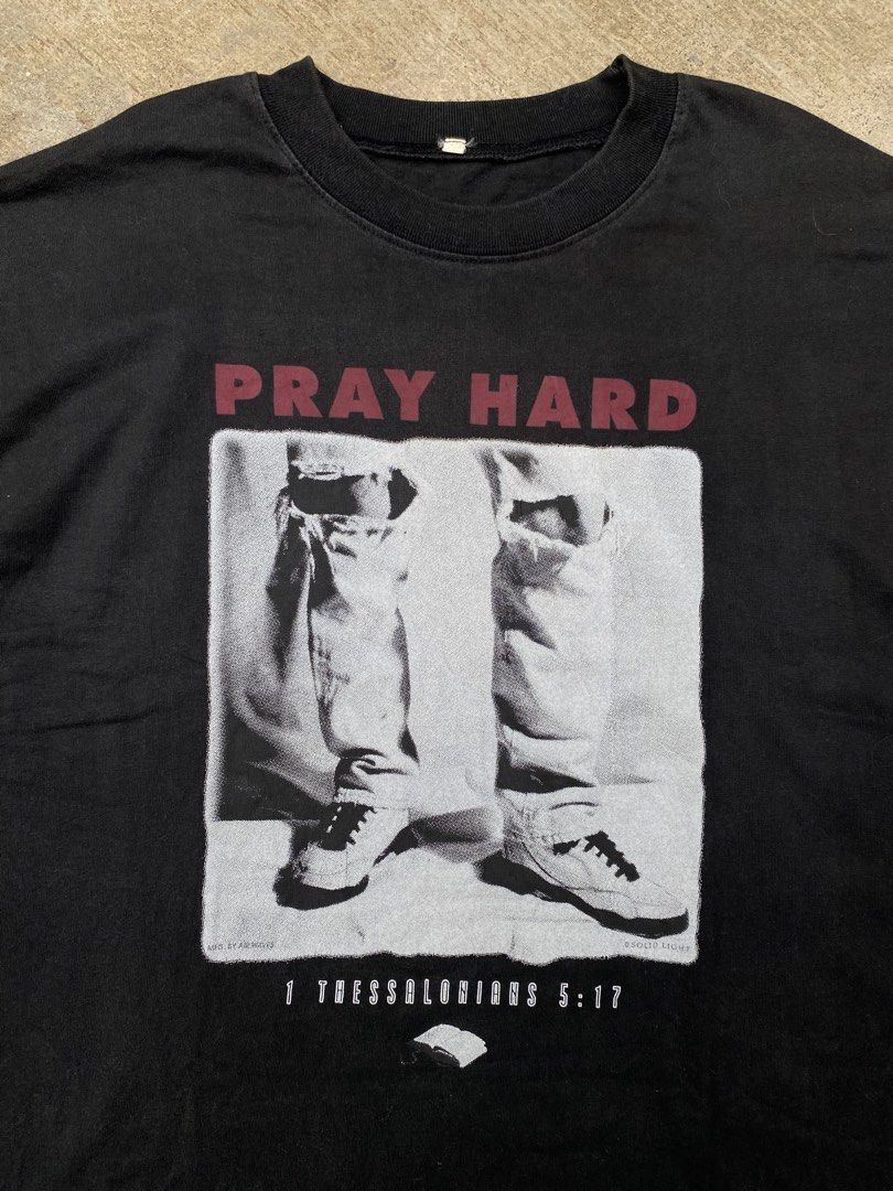 Pray Hard Jesus Tee Shirt (Category: Tshirts & Polo Shirts ) located in Cebu City. Submitted by czar0518 (Listing ID 1470020496, Image 2). Description: Pray Hard Jesus Tee Width 24 Length 30 Color rate 9/10 Excellent condition Dm sure buyer.📩.