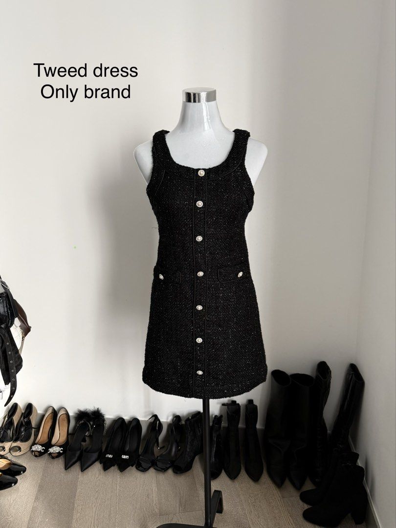 PRE LOVED TWEED DRESS (Category: Dresses) located in Manila. Submitted by janalulu (Listing ID 1469973462, Image 1). Description: - Brand: Only - Style: Sleeveless scoop neck black tweed dress - Details: Front button placket with silver buttons, two small waist pockets - Fabric: Textured material with subtle sparkle - Fit: Structured and flattering - Versatility: Great for layering over shirts or wearing on its own.