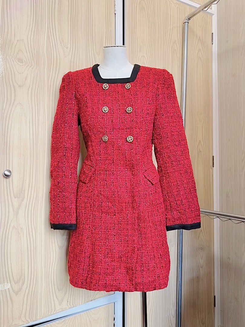 premium tweed dress (Category: Dresses) located in Baguio. Submitted by boughtoomuch (Listing ID 1470010952, Image 1). Description: - Elegant red tweed dress with contrasting black trim at the collar and cuffs - Features a stylish double-breasted front with ornate gold buttons - Structured silhouette complete with functional front pockets - Fully lined and crafted from a warm, textured fabric ideal for cooler weather - Long sleeves for added warm