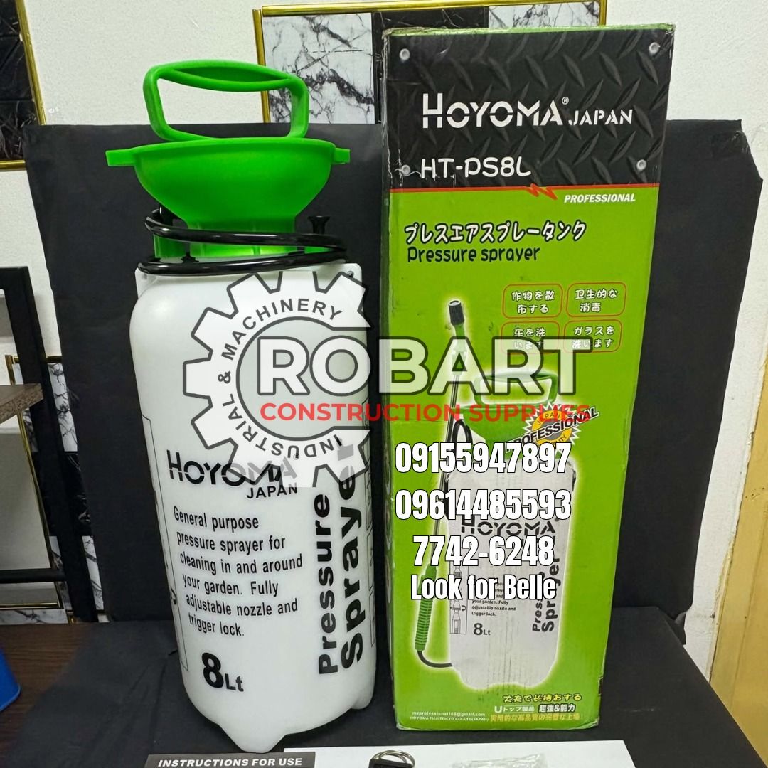 Pressure Sprayer (Category: Construction Tools & Equipment) located in Manila. Submitted by bellarobart (Listing ID 1470010495, Image 1). Description: Pressure Sprayer Brand: Hoyoma Capacity: 8L 𝑹𝑶𝑩𝑨𝑹𝑻 𝑪𝑶𝑵𝑺𝑻𝑹𝑼𝑪𝑻𝑰𝑶𝑵 𝑺𝑼𝑷𝑷𝑳𝑰𝑬𝑺 WEBSITE: robartool.com Office Address: 1405 Yuseco St. Sta Cruz Manila SEND US MESSAGE FOR INQUIRIES ‼️‼️ Glb/Vibr: 0915-594-7897 Smrt: 0961-448-5593 Landline: (7746-6248 / 7002-2872) 𝓛𝓞𝓞𝓚 𝓕𝓞𝓡 
