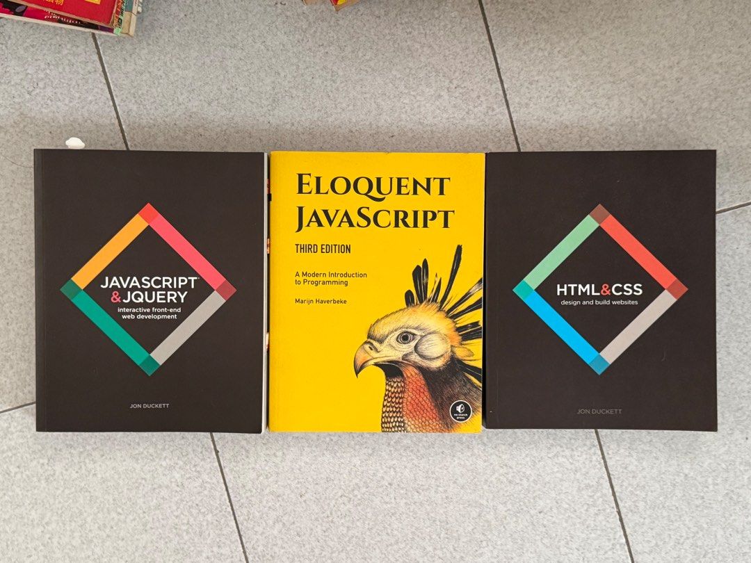 Programming Books Set HTML CSS JavaScript Jon Duckett Eloquent JavaScript (Category: Textbooks) located in Singapore. Submitted by happyness_cloud (Listing ID 1469956915, Image 1). Description: - Set of 3 essential web development books - Includes: HTML & CSS (Jon Duckett), JavaScript & jQuery (Jon Duckett), and Eloquent JavaScript 3rd Edition (Marijn Haverbeke) - Condition: Clean covers and good bindings - Perfect for learning coding from basics