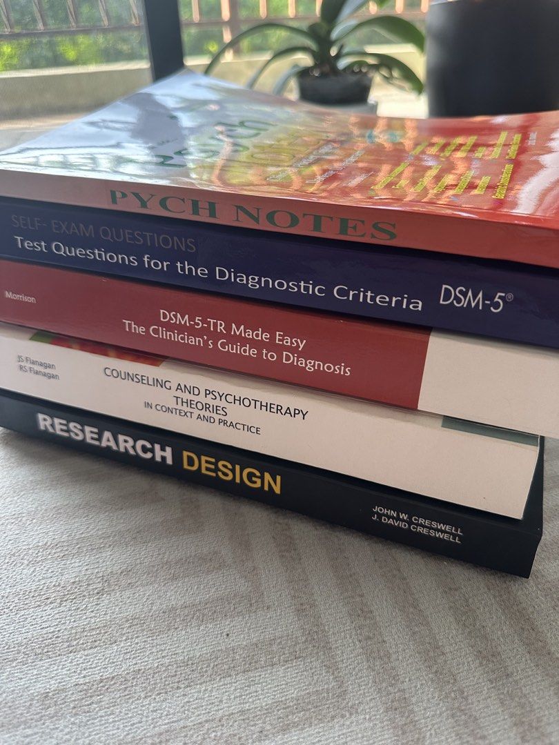 Psychology and Research Textbooks Bundle (Category: Textbooks) located in Manila. Submitted by yenina79 (Listing ID 1470137912, Image 1). Description: - Lot of 5 academic books for psychology and research methods - Includes Research Design (Creswell), Counseling and Psychotherapy Theories (Sommers-Flanagan), DSM-5-TR Made Easy (Morrison), and Muskin test prep books - Condition: Clean pages with minimal cover shelf wear - Ideal reference collectio
