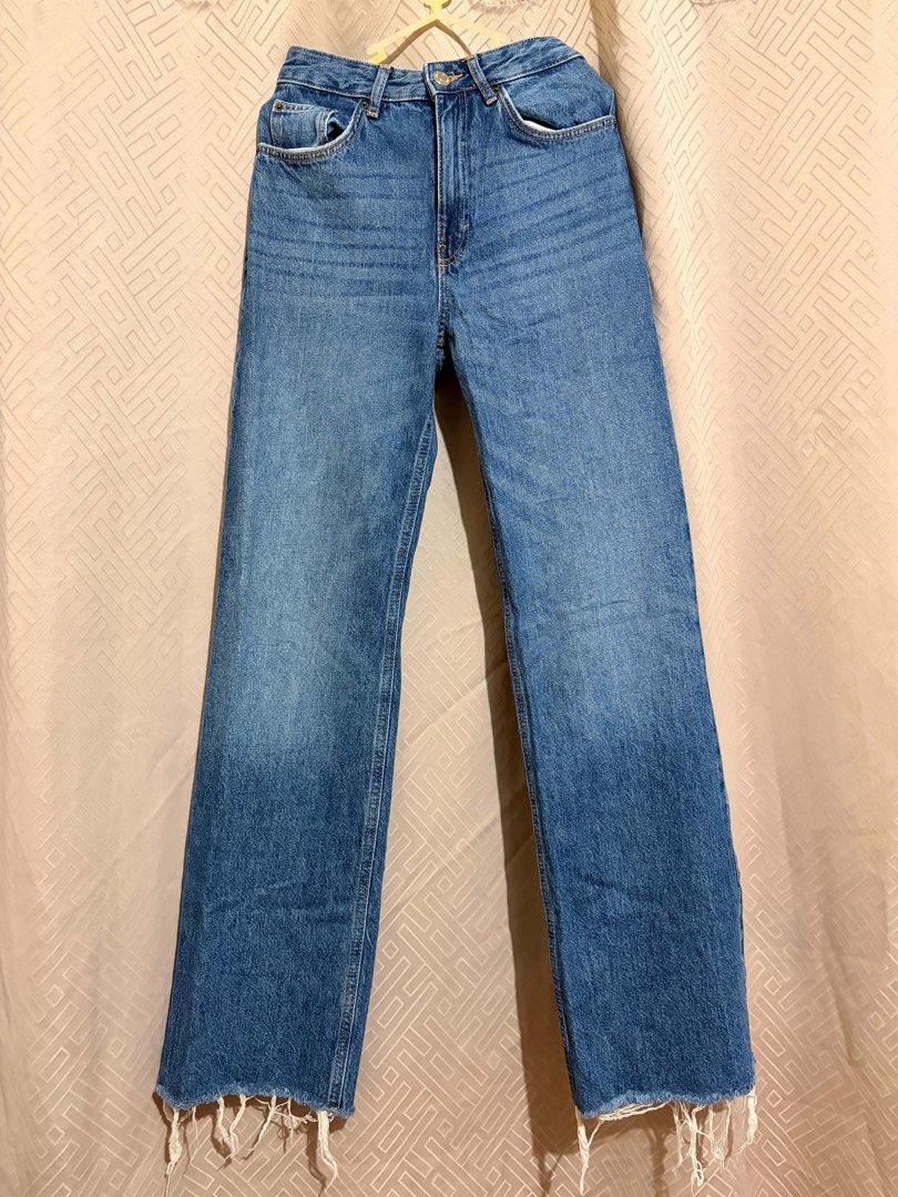 Pull & Bear Blue High Waist Raw Hem Jeans (Category: Jeans) located in Manila. Submitted by janellecas75114 (Listing ID 1470074632, Image 1). Description: - Brand: Pull & Bear - Wash: Classic blue - Size: EUR 34, USA 2, MEX 24 - Fit: High waist with structured waistband and belt loops - Details: Trendy raw frayed ankle hem, standard button/zip fly, and classic 5-pocket setup with contrast stitching - Condition: Clean and well-maintained.