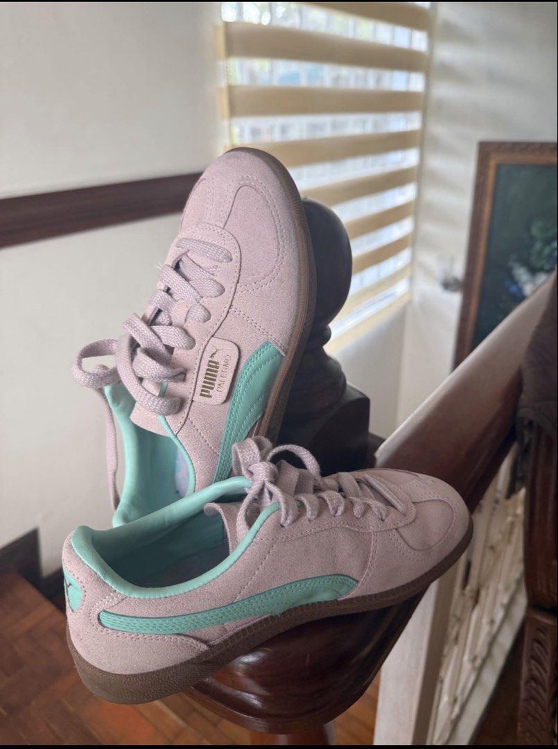 Puma Palermo Pink Mint Sneakers (Category: Sneakers) located in Cainta. Submitted by missfunkyshoppe (Listing ID 1470021407, Image 3). Description: - Brand/Model: Puma Palermo Low-Top Sneakers - Colorway: Pink with mint green stripes and lining - Material: Premium suede upper with tonal laces - Sole: Classic gum sole with textured traction - Condition: Clean, with minimal signs of wear - Style: Retro-inspired, perfect for casual everyday outfits.