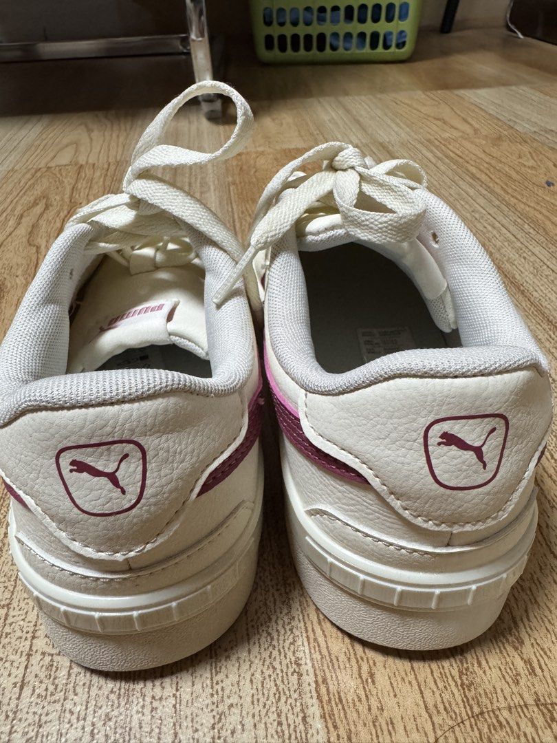 Puma White and Pink Platform Sneakers Size US 5 (Category: Sneakers) located in Caloocan City. Submitted by btstlannjie (Listing ID 1470103896, Image 2). Description: Puma casual sneakers in white with dark pink accents. Chunky platform sole with side logo detail. Size US 5 / EUR 37. Clean white laces included. Textile lining inside. Worn a few times, soles show minor wear..