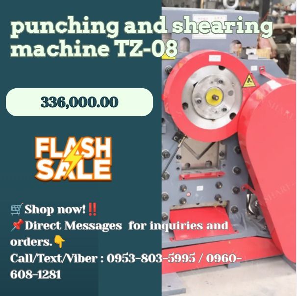 punching and shearing machine TZ-08 (Category: Everything Else Others) located in Caloocan City. Submitted by acergollem65014 (Listing ID 1469952201, Image 1). Description: ●Motor: 2.2KW ●Weight: 550 KG ●Shear thickness: 8mm ●Shearing force: 360 KN ●Number of strokes: 30/min ●Voltage: 3-phase 380V 50HZ ●Cutter travel distance: 27mm ●Dimension : 900*600*1100mm ◎ Round steel(customized) ◎ Round punching(customized) ◎ Oval punching(customized) ◎ U-s
