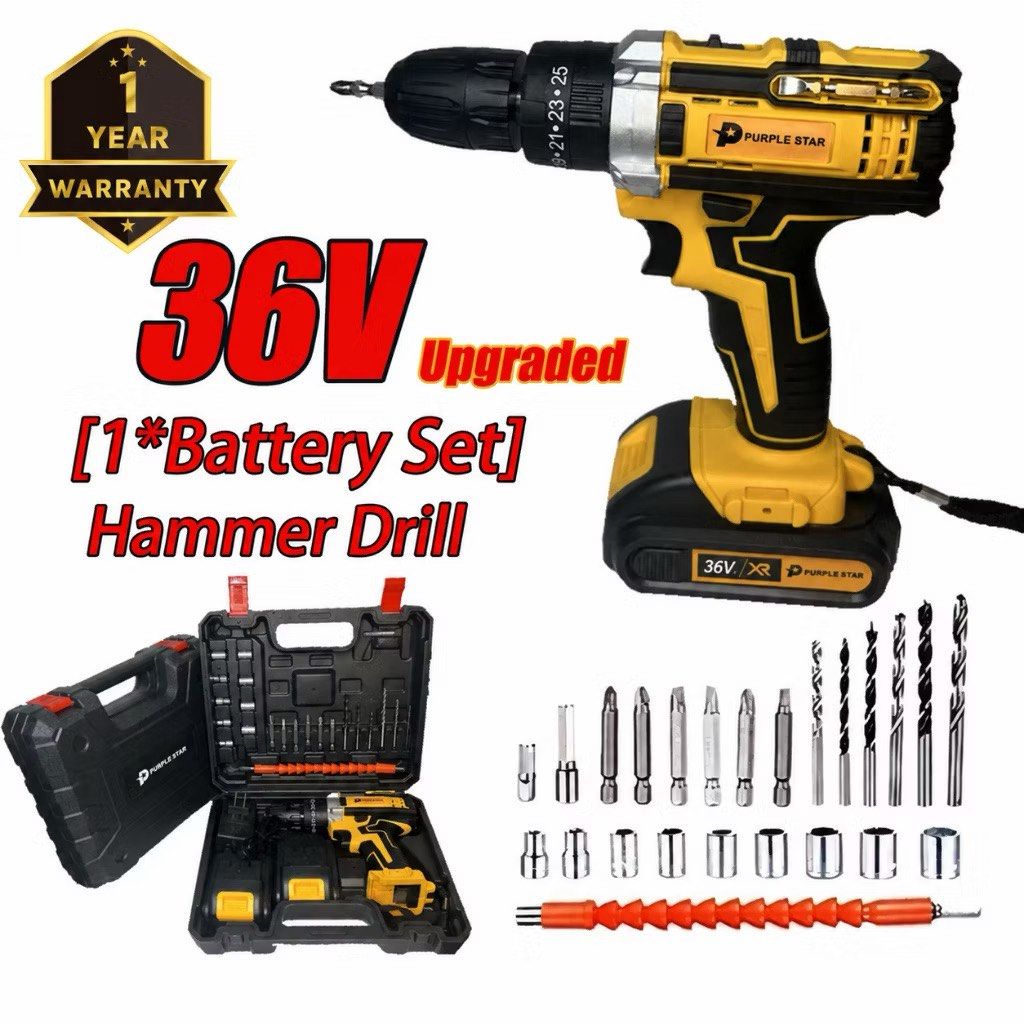 Purple Star 36V Cordless Hammer Drill Set with Bits (Category: Construction Tools & Equipment) located in Manila. Submitted by ljmd_sell (Listing ID 1470074872, Image 1). Description: - Brand: Purple Star - Voltage: 36V Cordless Hammer Drill - Color: Heavy-duty yellow and black design - Power: Single battery set included - Accessories: Complete tool set with drill bits, screwdriver bits, sockets, and a flexible shaft extension - Storage: Comes in