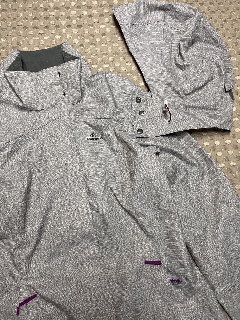 Quechua Decathlon Grey Waterproof Hooded Jacket (Category: Coats, Jackets and Outerwear) located in Santa Cruz, Pampanga. Submitted by stfh_p (Listing ID 1470059546, Image 3). Description: - Brand: Quechua by Decathlon (Isang beses palang po nagamit for hike) - Orig price binili: ₱2,500 (mall) - Color: Grey Heather - Material/Origin: Made in Vietnam - Waterproof and functional - Removable hood with snap buttons - Full zip front closure - Breathab