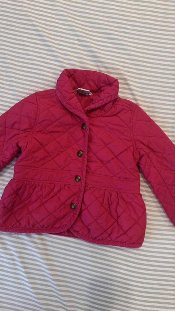Ralph Lauren Pink Quilted Jacket Size 12M (Category: Babies & Kids Fashion) located in General Trias. Submitted by dphazel (Listing ID 1470037060, Image 2). Description: - Brand: Ralph Lauren - Size: 12M - Color: Vibrant hot pink - Style: Button-up closure with an adorable ruffled peplum hem - Condition: Super warm, stylish, and perfect for your little fashionista.