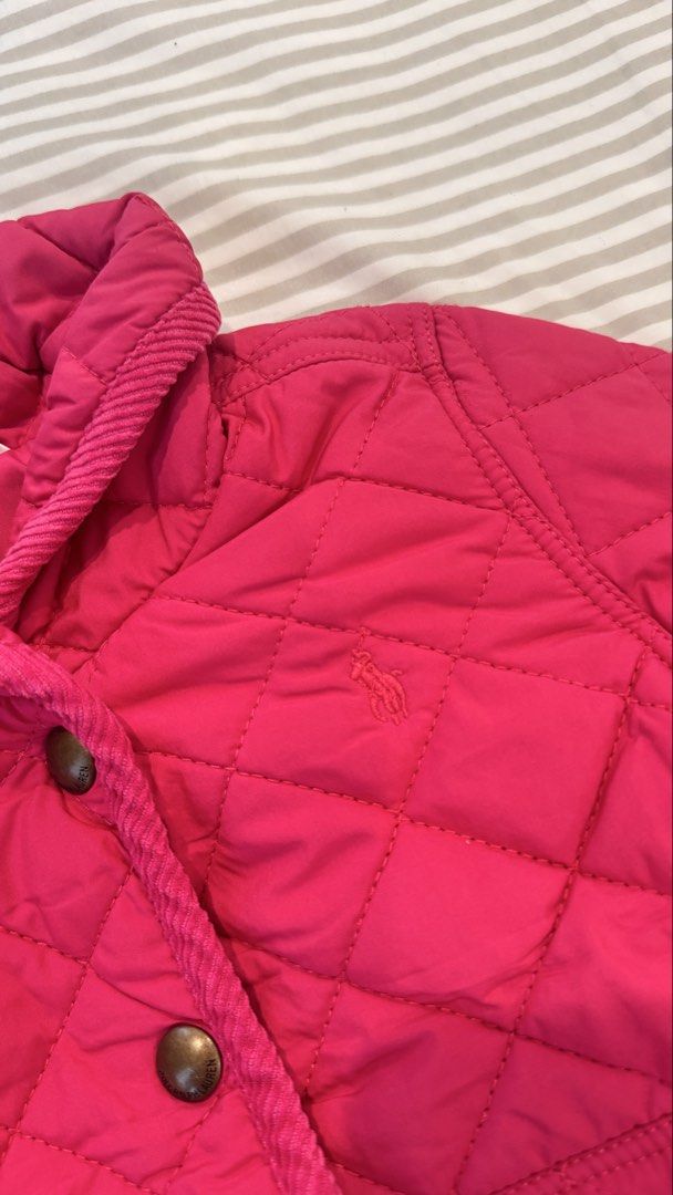 Ralph Lauren Pink Quilted Jacket Size 12M (Category: Babies & Kids Fashion) located in General Trias. Submitted by dphazel (Listing ID 1470037060, Image 3). Description: - Brand: Ralph Lauren - Size: 12M - Color: Vibrant hot pink - Style: Button-up closure with an adorable ruffled peplum hem - Condition: Super warm, stylish, and perfect for your little fashionista.