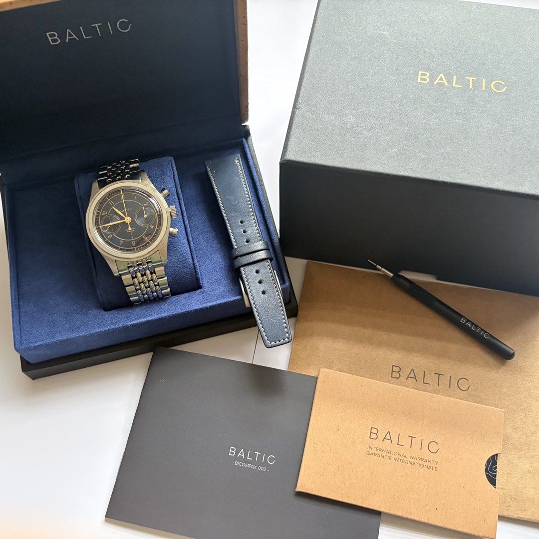 Rare! Baltic Bicompax 002 Chronograph Watch (Category: Luxury Watches) located in Manila. Submitted by timebaubles (Listing ID 1470007291, Image 2). Description: RARE! Discontinued Baltic Bicompax 002 Iconic design by Baltic (A French Microbrand) - Highly coveted by watch collectors/enthusiasts - Like New (No Scratches, No Dings) - Manual Wind - 38mm - Stainless Steel; Blue Dial - Crystal Caseback - Year: 2022 - Full Set (Box, Manual, Certificate