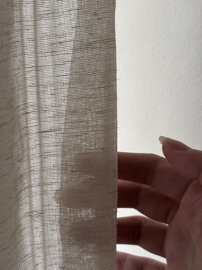 Real Flax Linen Blend Sheer Curtain White (Category: Curtains & Blinds) located in Makati City. Submitted by ajbalard_o (Listing ID 1469956543, Image 2). Description: - Size: 135cm x 255cm (4.5 x 8.4 ft) per piece - Rod pocketed (see last photo) - Stated price is per piece, total of 5 pieces - Material: White linen blend sheer fabric with a textured weave - Lighting & Privacy: Filters in soft natural light while maintaining your privacy - Design: