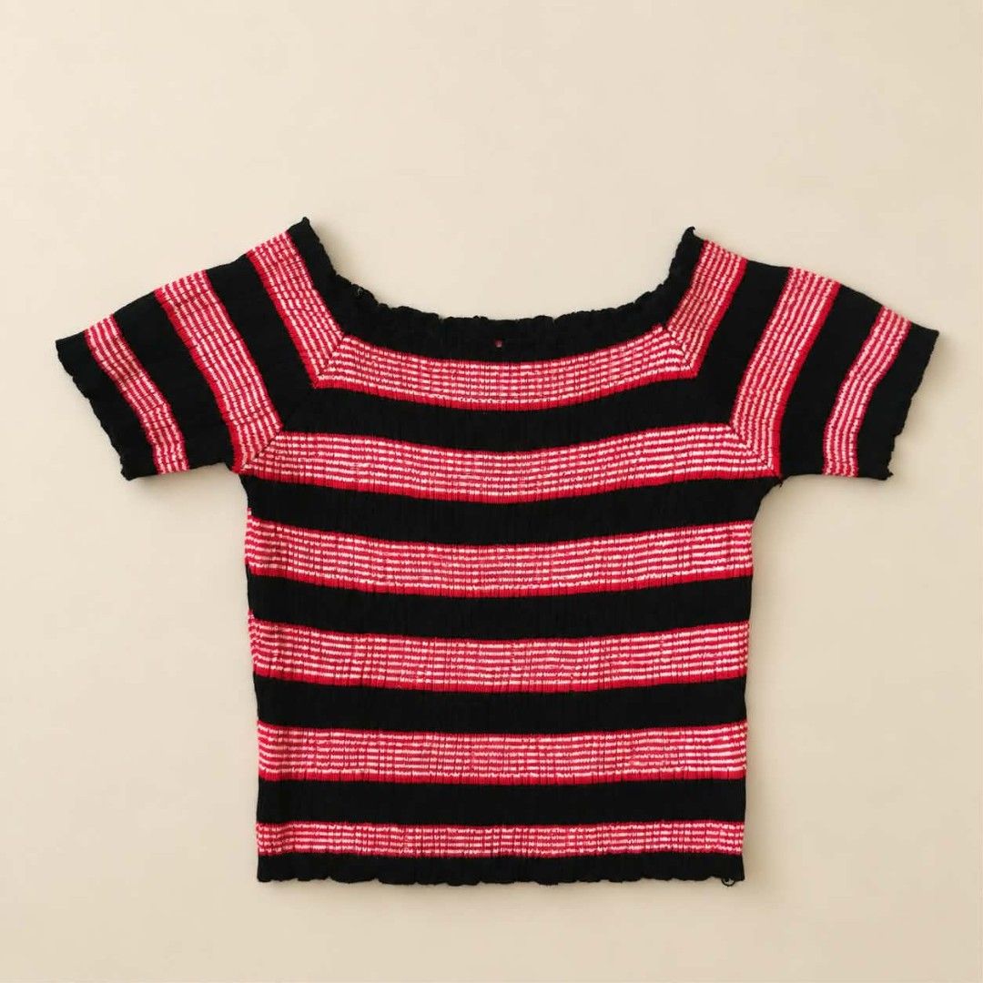 Red and black striped knit crop top (Category: Blouses) located in Manila. Submitted by joshbelgic17602 (Listing ID 1469970614, Image 1). Description: - Style: Short sleeve crop top with a trendy wide scoop neckline - Design: Classic black and red horizontal stripes with cute lettuce hem on cuffs and hem - Material: Soft, stretchy knit fabric for an ultra-comfortable fit - Versatile: Easy to pair with high-waisted jeans or skirts for daily casual