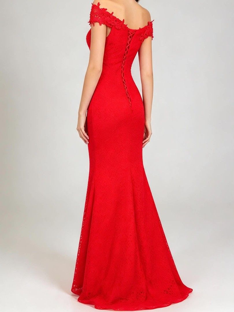 Red Off-Shoulder Lace Maxi Evening Gown (Category: Evening dresses & gowns) located in Caloocan City. Submitted by mylove326 (Listing ID 1470048781, Image 2). Description: - Color: Bright red - Style: Off-shoulder, fitted silhouette with a small train - Details: All-over floral lace, beaded applique trim, corset-style lace-up back - Ideal for: Formal dinners, weddings, and special events Size- Small-large tali likod Height pang 5'3-5'4.
