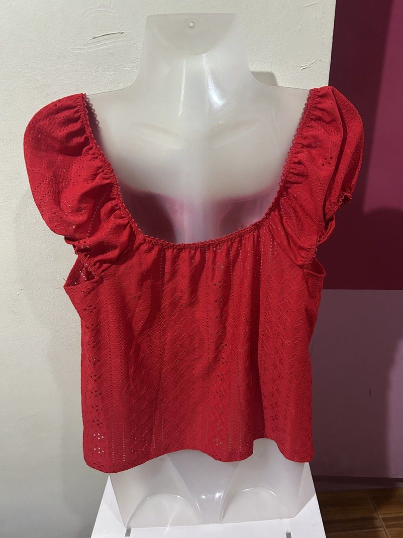 Red Peasant Blouse With Eyelet Details (Category: Blouses) located in Marilao. Submitted by bamito (Listing ID 1470127087, Image 3). Description: - Vibrant bright red peasant-style top - Square neckline with charming gathered puff sleeves - Delicate lace trim detailing right below the bust .