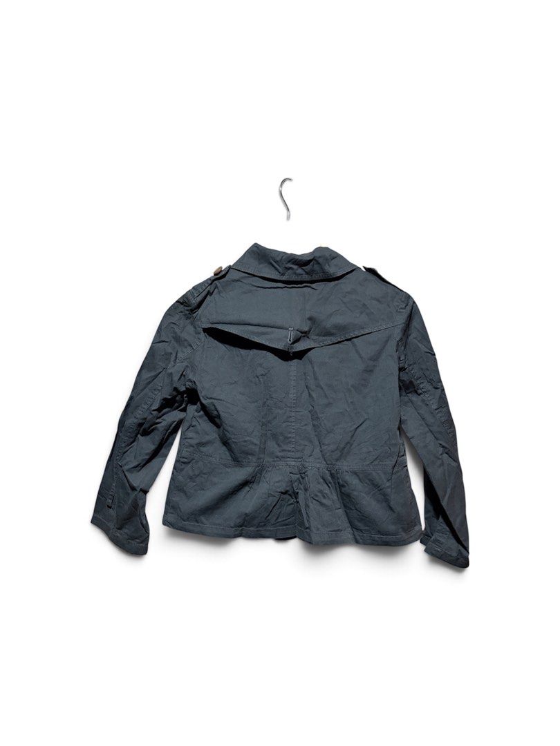 Retrodestructive Dark Blue Double Breasted Jacket (Category: Coats, Jackets and Outerwear) located in Cavite. Submitted by grandearth.39df3f (Listing ID 1470018228, Image 2). Description: - Brand: Retrodestructive - Color: Dark blue with contrast light brown buttons - Style: Double-breasted short cropped cut with gathered hem detail - Features: Structured collar, button epaulets on shoulders, and stylish blue striped interior lining - Condition/U