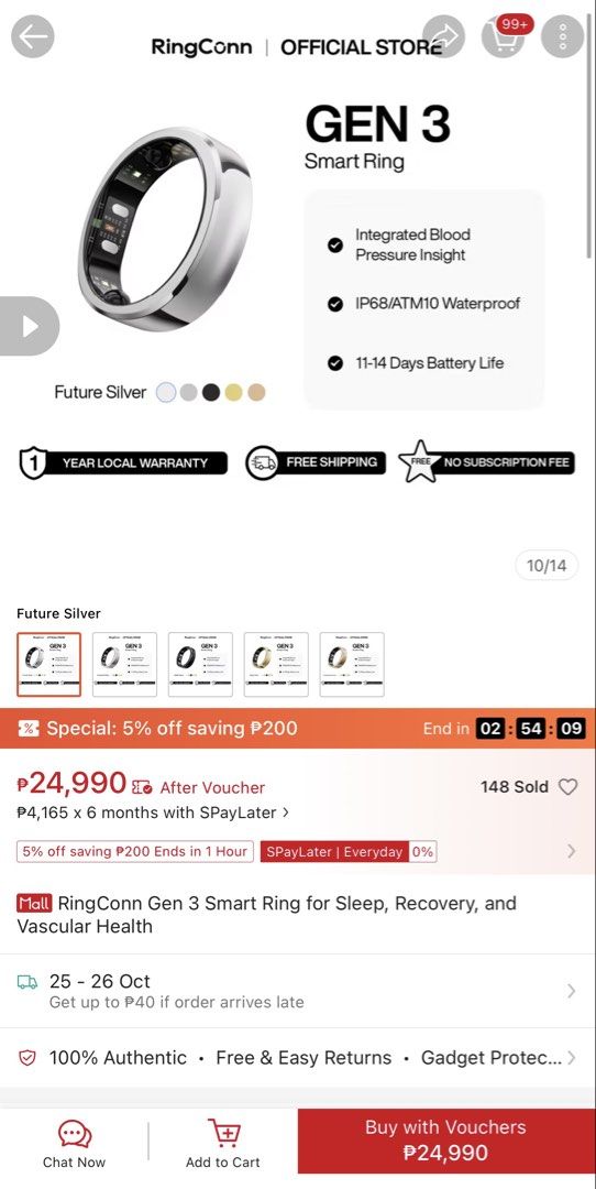 RingConn Gen 3 Smart Ring Size 10 Matte Black (Category: Wearables & Smart Watches) located in Plaridel. Submitted by japanfindscobulacan (Listing ID 1469985091, Image 3). Description: Brand new & factory sealed (unopened in plastic wrap) - Model: RingConn Gen 3 Smart Ring - Color: Matte Black - Size: 10 - Health Tracking: Sleep, recovery, vascular health, and blood pressure insights - Durability: IP68 & ATM10 waterproof - Battery Life: 11 to 14 