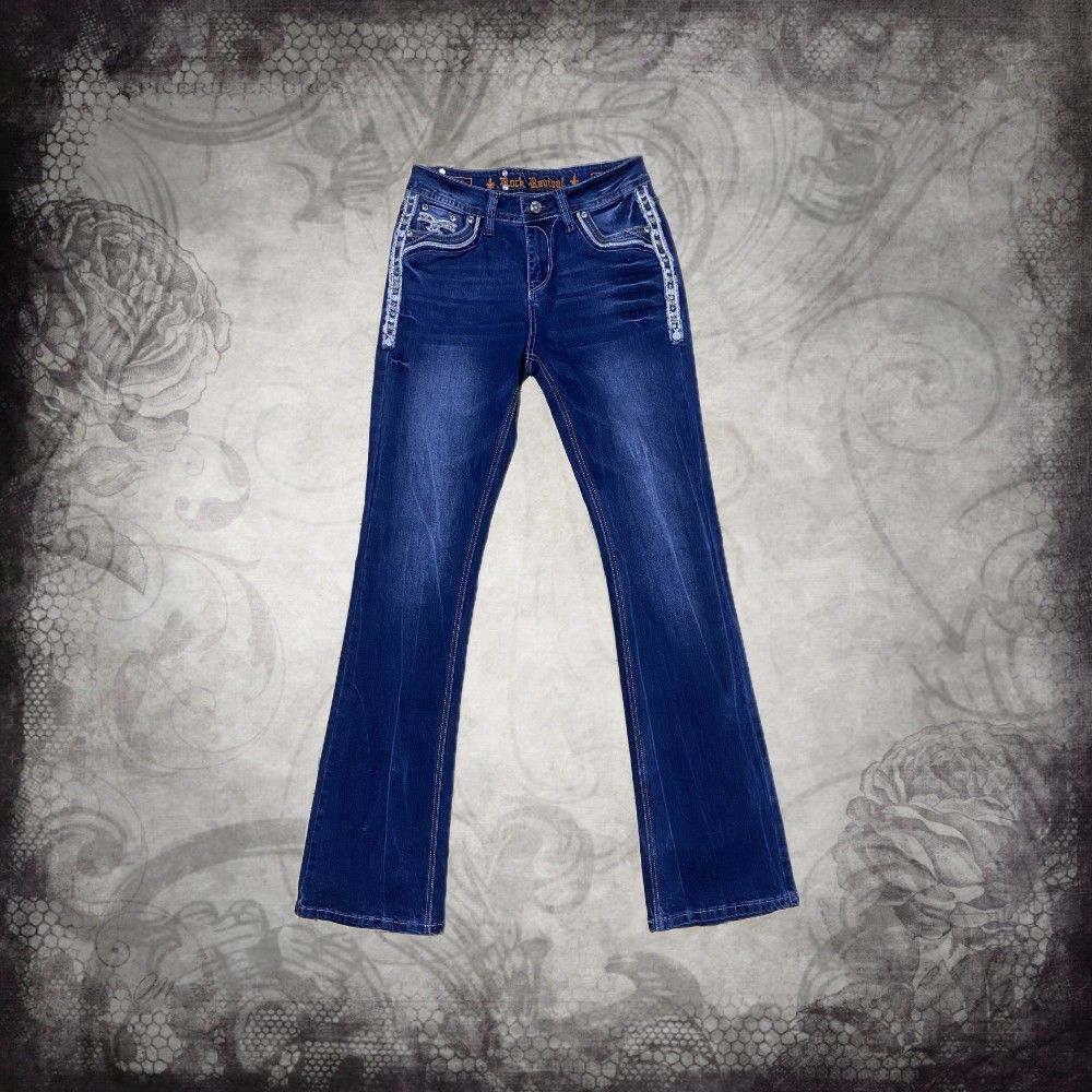 rock revival y2k 2000s fleur-de-lis sequined bootcut jeans (Category: Jeans) located in Marikina City. Submitted by swouju (Listing ID 1469962379, Image 1). Description: item details (・ω・)ノ dimes [ laid flat ] w: 14" — l: 44" — r: 9.5" — h: 9" 11/10 condition ,, !!—issues: no issues but idk how to authenticate it qwq dm for inquiries , close ups, etc!.