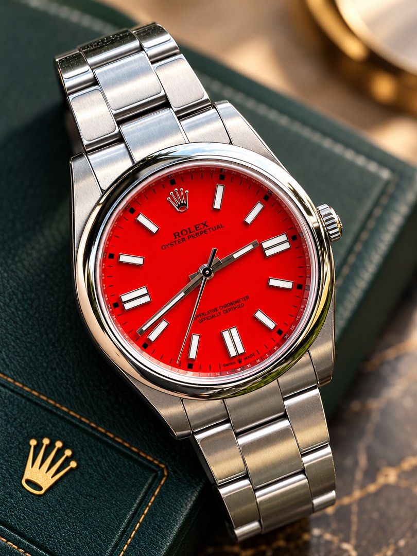 Rolex Oyster Perpetual Red Dial Watch (Category: Luxury Watches) located in Makati City. Submitted by dee_online888 (Listing ID 1470034432, Image 2). Description: Rolex Coral Red 41mm case size Complete set 2021 year model 1.18m php.