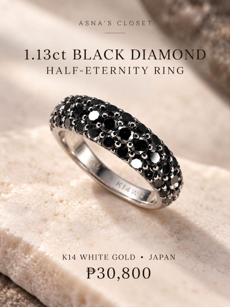 S6 1.13ct Black Diamond Half-Eternity Ring (Category: Rings) located in Baguio. Submitted by asna_taku (Listing ID 1470052469, Image 1). Description: 🖤 1.13ct Black Diamond Half-Eternity Ring | K14 White Gold 🇯🇵 Black diamonds for the ladies who appreciate understated luxury with a bold, distinctive edge. ✨ This elegant half-eternity band features 1.13 carats of black diamonds set in K14 white gold — a sophisticated piece perfect for everyday 
