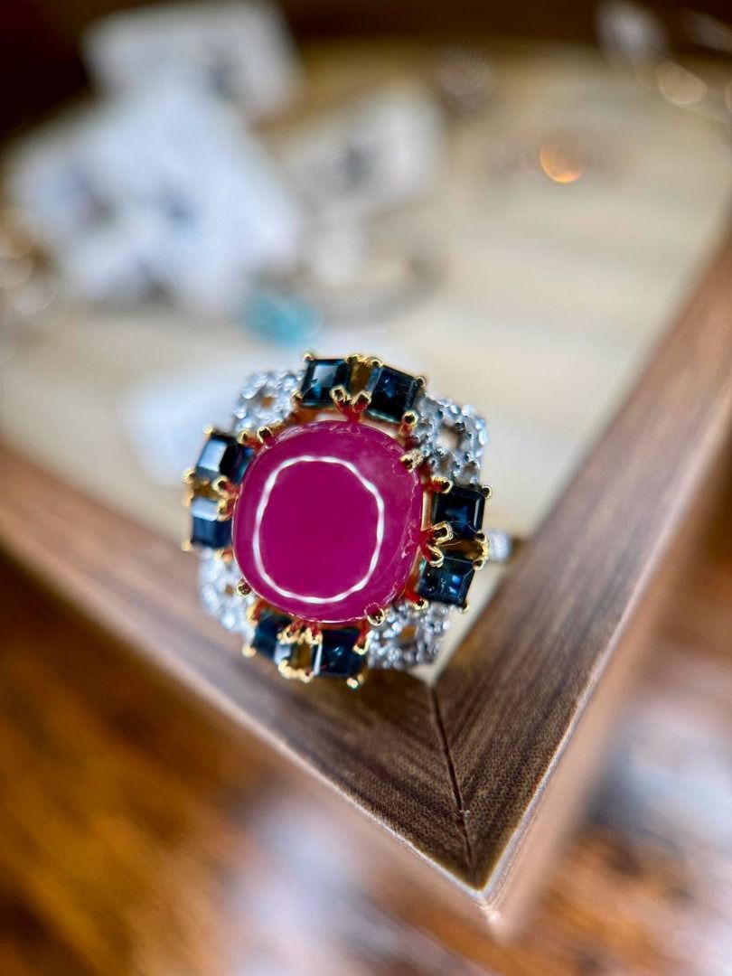 S8 Natural Ruby with Sapphires & Diamonds | Vintage-Inspired Statement Ring (Category: Rings) located in Baguio. Submitted by asna_taku (Listing ID 1470062518, Image 3). Description: ❤️ Natural Ruby with Sapphires & Diamonds | Vintage-Inspired Statement Ring 💎 For the ladies who appreciate bold colors and distinctive jewelry! ✨ A striking natural Mozambique ruby cabochon takes center stage, surrounded by rich blue natural sapphires and sparkling