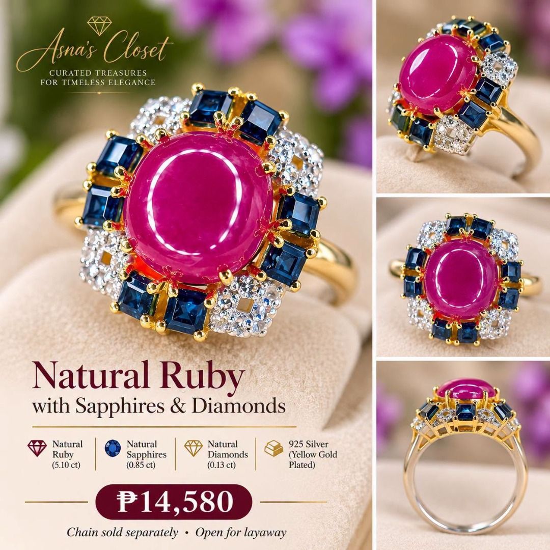S8 Natural Ruby with Sapphires & Diamonds | Vintage-Inspired Statement Ring (Category: Rings) located in Baguio. Submitted by asna_taku (Listing ID 1470062518, Image 1). Description: ❤️ Natural Ruby with Sapphires & Diamonds | Vintage-Inspired Statement Ring 💎 For the ladies who appreciate bold colors and distinctive jewelry! ✨ A striking natural Mozambique ruby cabochon takes center stage, surrounded by rich blue natural sapphires and sparkling