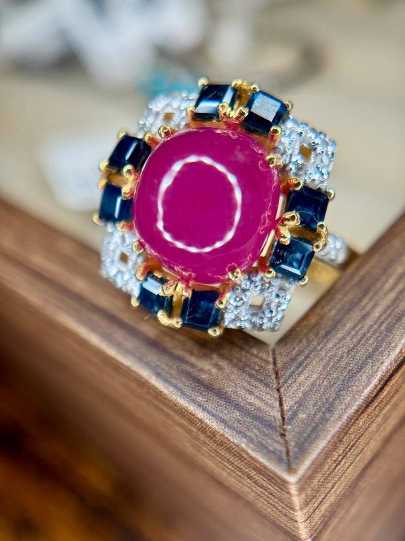 S8 Natural Ruby with Sapphires & Diamonds | Vintage-Inspired Statement Ring (Category: Rings) located in Baguio. Submitted by asna_taku (Listing ID 1470062518, Image 2). Description: ❤️ Natural Ruby with Sapphires & Diamonds | Vintage-Inspired Statement Ring 💎 For the ladies who appreciate bold colors and distinctive jewelry! ✨ A striking natural Mozambique ruby cabochon takes center stage, surrounded by rich blue natural sapphires and sparkling