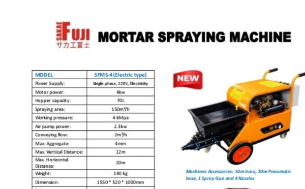 Sakae. Fuji Spraying. Machine (Category: Construction Tools & Equipment) located in Manila. Submitted by charles_merchandise (Listing ID 1470023991, Image 1). Description: Sakae. Fuji. Mortar. Spraying Machine Model : SFMS - 4 electric. type power. supply. : Single phase , 220v , electricity Motor. power : 4 kw Hopper capacity : 70L Spraying. nArea : 150 m / h, Working. pressure : 4 -6 MPA Air. pump. power : 2.3kw Conveying. flow : 2 m / h Max. A