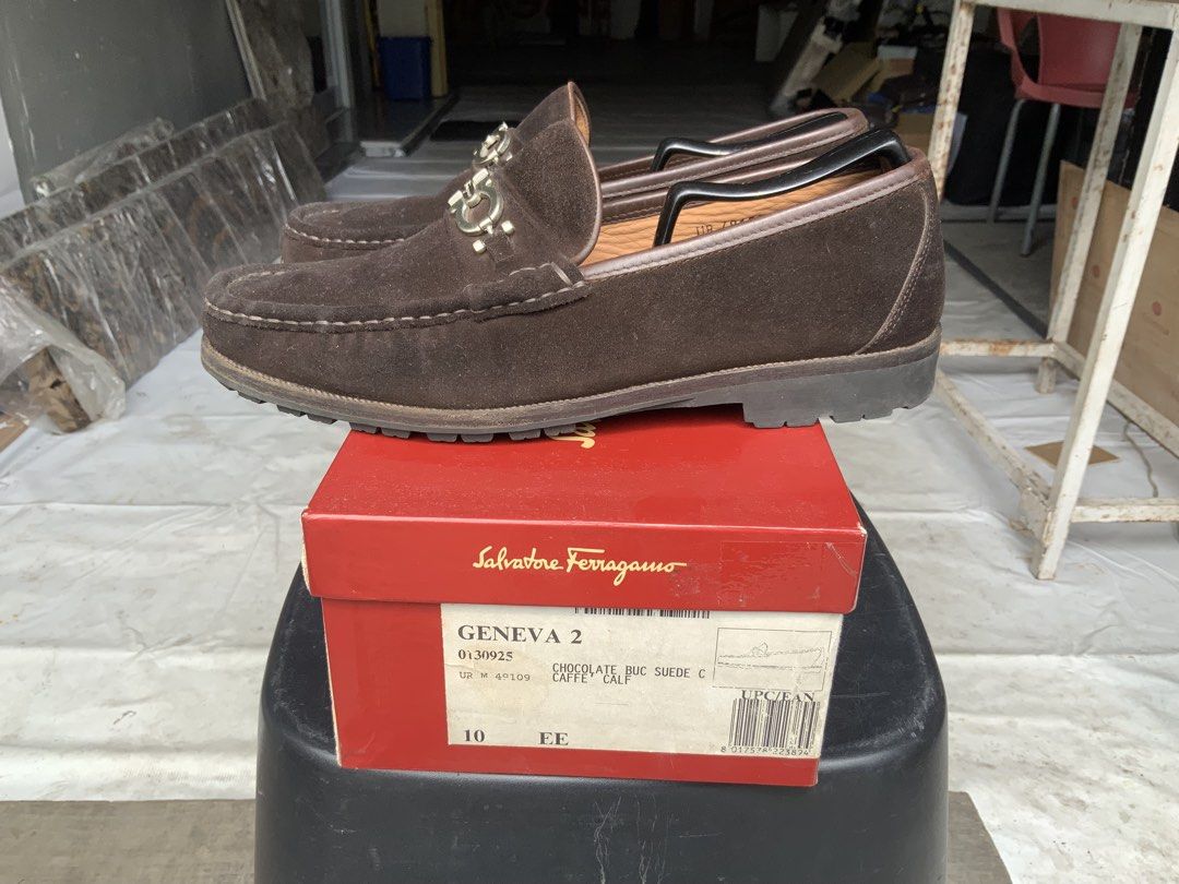 Salvatore Ferragamo Suede Loafers (Category: Dress Shoes) located in Makati City. Submitted by imagineinc. (Listing ID 1469986494, Image 3). Description: - Salvatore Ferragamo - Purchased in the USA , 2002 - Model: Geneva 2 Loafers - Chocolate Brown Suede - Size 10 EE (Made in Italy) - Rich calf suede upper with tonal piping with Silver-tone Gancini hardware - Sturdy rubber lug soles - Clean insoles, minimal wear on treads - Includes Original red