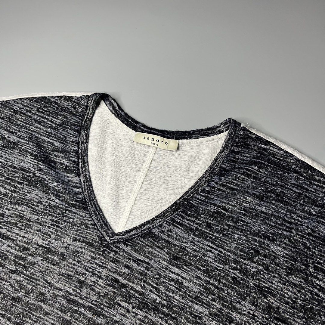SANDRO V NECK (Category: Shirts) located in Manila. Submitted by aaaaaahhhhhh (Listing ID 1470076276, Image 3). Description: Cut size tag Medium frame 19W 24.5L Excellent Lalamove or J&t Express + Shipping fee.