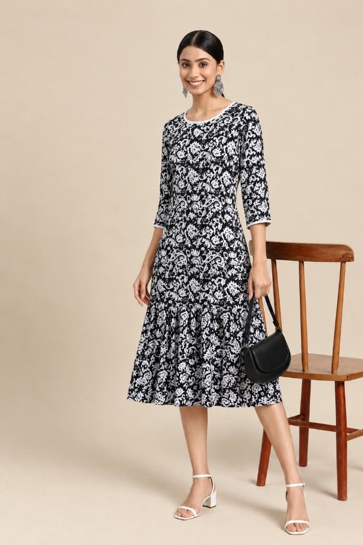 Sangria sweater dress small D13 (Category: Dresses) located in San Pablo. Submitted by allyourbrandedneeds (Listing ID 1470139387, Image 1). Description: - Brand: Sangria - Style: Knit dress with black and white pattern, 3/4 sleeves, scoop neckline with white trim, and flared skirt hem - Size: S (tag attached) - Material: 80% viscose, 20% nylon - Origin: Made in China.