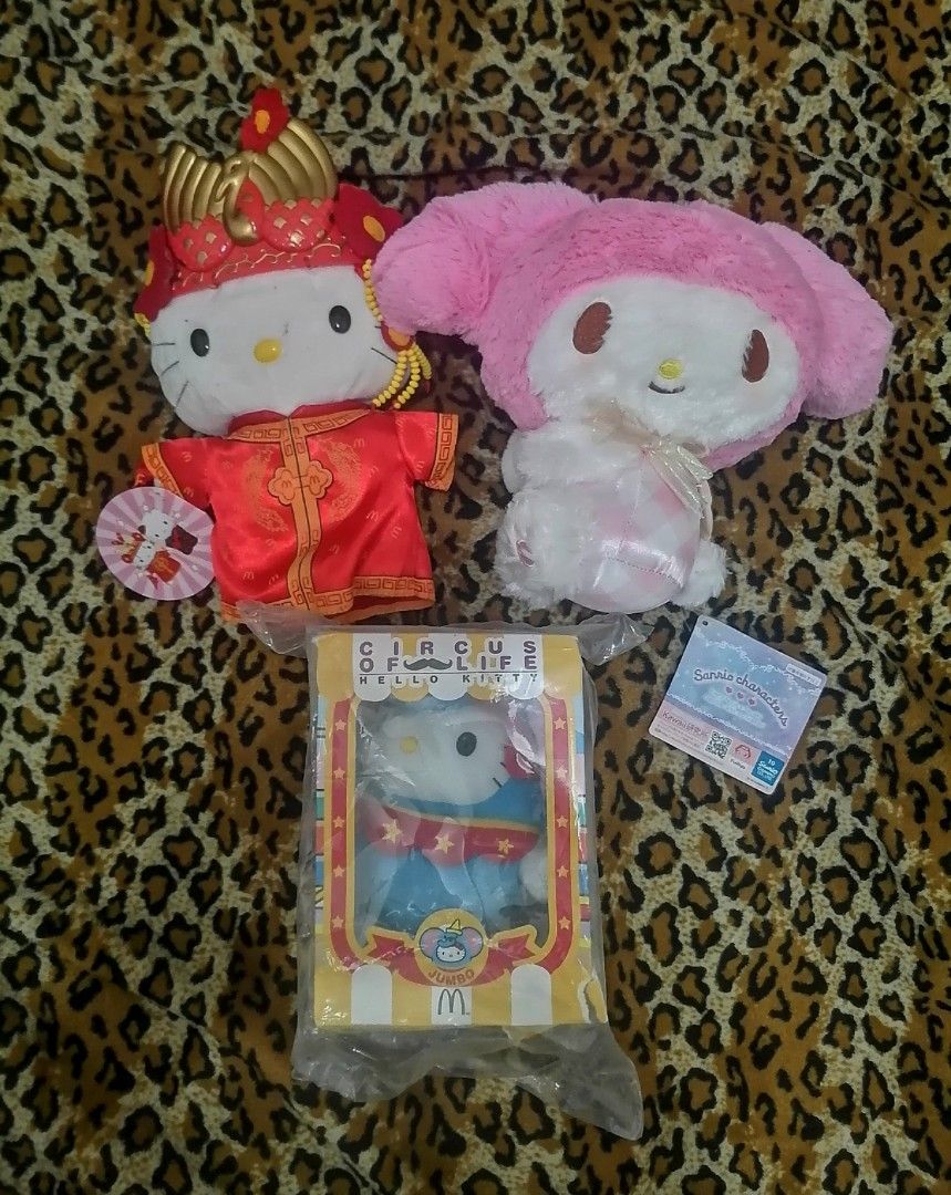 Sanrio Hello Kitty and My Melody Plush Bundle (Category: Plushies & Soft Toys) located in Cebu City. Submitted by roadthrift (Listing ID 1470135251, Image 1). Description: - Authentic Sanrio plush bundle sold as a complete set - Includes Kitty in traditional Chinese attire (tag attached) - Includes adorable My Melody in pink - Includes Kitty Circus of Life plush, brand new and sealed in box - Perfect for Sanrio collectors and fans.
