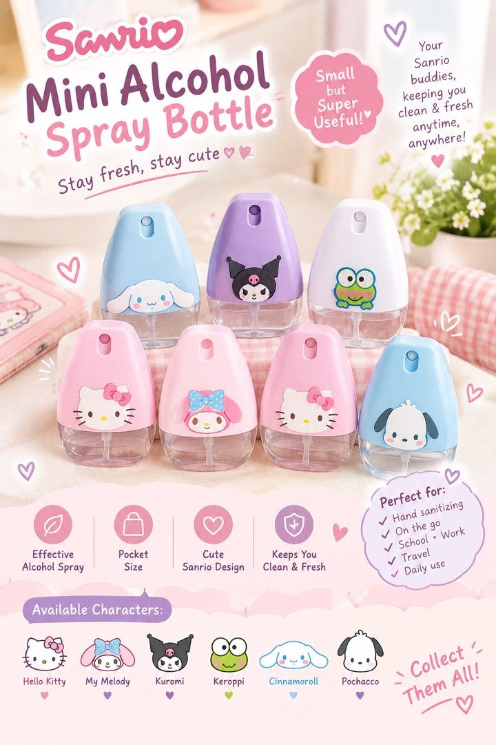 Sanrio Mini-sprayer 3x200 pesos (Category: Sanitizers & Disinfectants) located in Valenzuela. Submitted by simplyolive85 (Listing ID 1469980976, Image 1). Description: Sanrio mini alcohol sprayer 3 for 200 pesos .