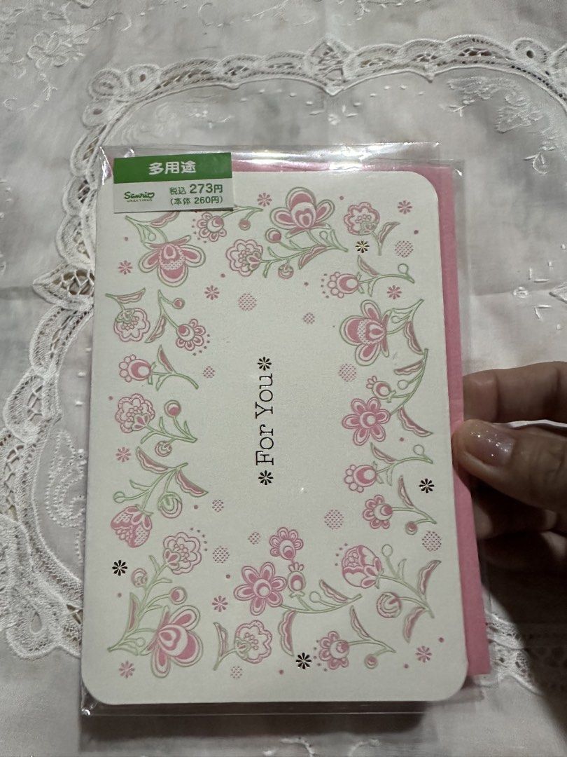 Sanrio multi-purpose greeting card (Category: Vintage Collectibles) located in Davao. Submitted by favoritepreloved (Listing ID 1470120534, Image 1). Description: 💜 featuring a pink and white floral pattern with the text "For You" in the center .