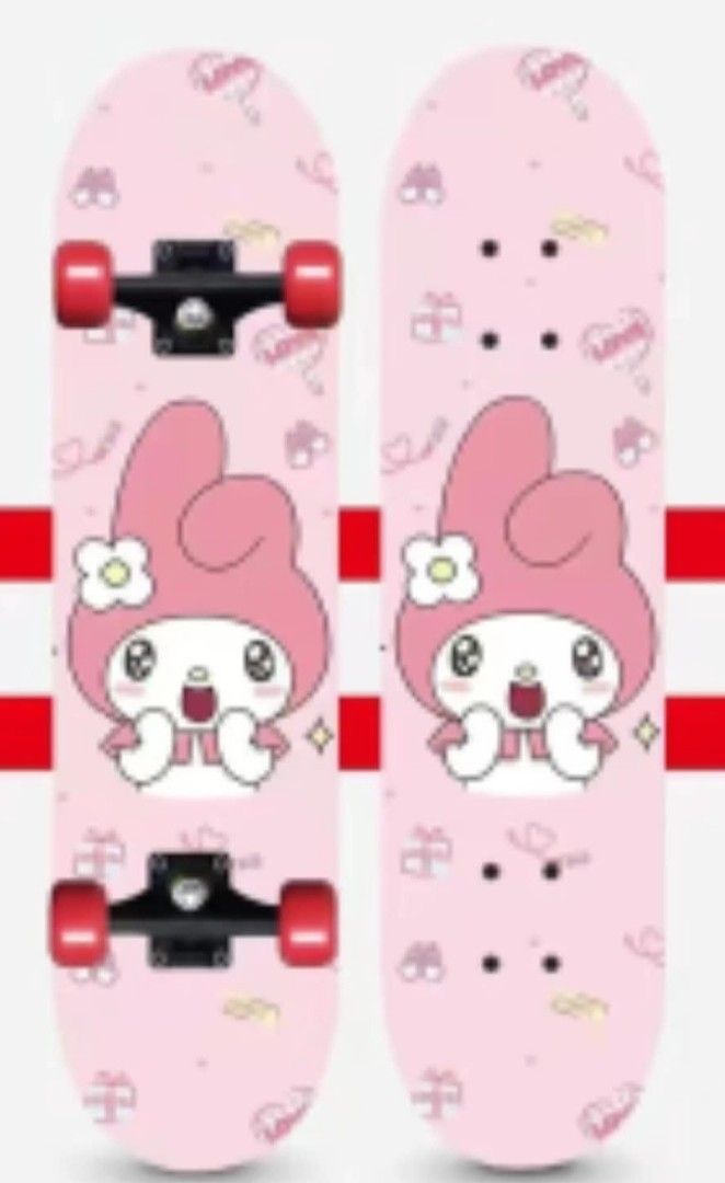 Sanrio My Melody Pink Skateboard Complete (Category: Skates, Rollerblades & Scooters) located in Makati City. Submitted by meghantherobot (Listing ID 1470112148, Image 1). Description: - Authentic Sanrio pink cruiser skateboard featuring a sweet My Melody deck design - Fully assembled with sleek black trucks and vibrant red wheels - Standard cruiser size - great for both riding and aesthetic room display - Pastel aesthetic, perfect for collectors