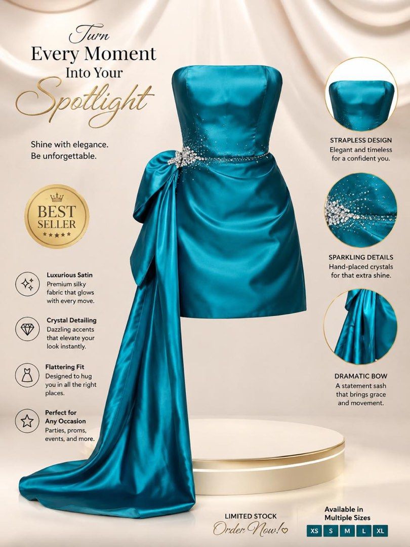 Satin teal cocktail dress (Category: Evening dresses & gowns) located in Muntinlupa City. Submitted by starofallnight (Listing ID 1470123645, Image 1). Description: 💙 ₱24,000 → ₱10,000 💙 58% OFF. ONE PIECE ONLY. The satin dress with the bow and train that stops the room. 💎 ✨ Strapless satin mini dress ✨ Crystal-beaded waistband that sparkles under every light ✨ Statement bow with a long flowing train ✨ Deep teal-blue that looks rich on camera 