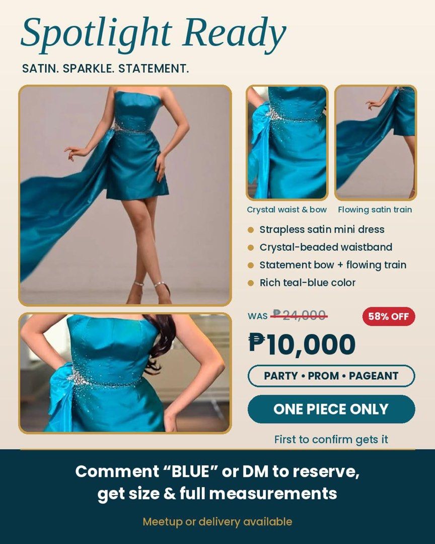 Satin teal cocktail dress (Category: Evening dresses & gowns) located in Muntinlupa City. Submitted by starofallnight (Listing ID 1470123645, Image 2). Description: 💙 ₱24,000 → ₱10,000 💙 58% OFF. ONE PIECE ONLY. The satin dress with the bow and train that stops the room. 💎 ✨ Strapless satin mini dress ✨ Crystal-beaded waistband that sparkles under every light ✨ Statement bow with a long flowing train ✨ Deep teal-blue that looks rich on camera 