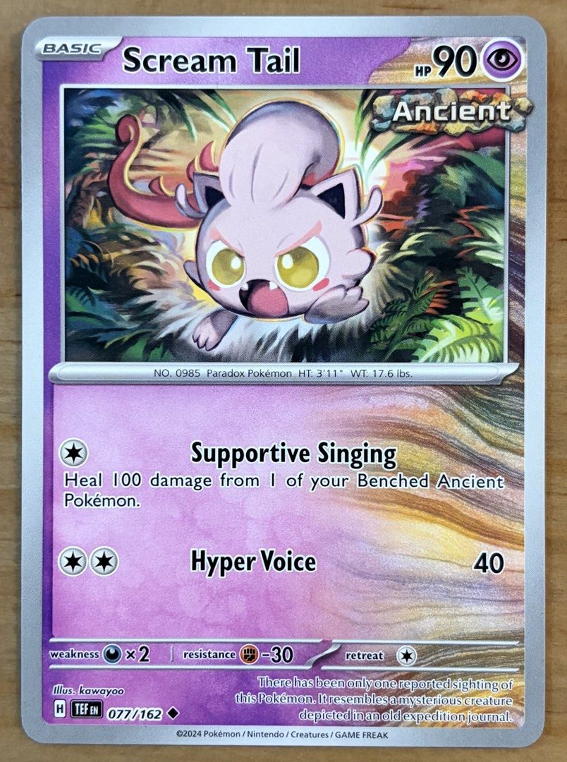 Scream Tail | Pokemon Cards ~ Temporal Forces (Category: Raw Singles) located in Makati City. Submitted by cardlab (Listing ID 1469949982, Image 1). Description: Items are 💯 authentic/original/legit. About The Card: •Language: EN • Number: 077/162 • Uncommon • Normal FOR: • Cards ₱99 and below with Card Sleeves • Cards ₱100 and up with Card Sleeves and Used Toploader • ₱10 for Bnew Tops Packaging (If Shipping): ✔️ Plastic cover ✔️ Cardboard ✔️ B