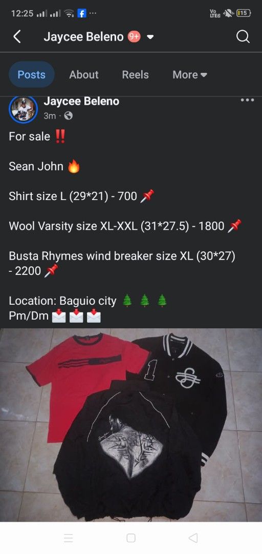 Sean John Clothing Bundle Shirt Varsity Jacket Wind Breaker (Category: Coats, Jackets and Outerwear) located in Manila. Submitted by ramosjacqu35241 (Listing ID 1470117038, Image 1). Description: For sale ‼️ Sean John 🔥 Shirt size L (29*21) - 700 📌 Wool Varsity size XL-XXL (31*27.5) - 1800 📌 Busta Rhymes wind breaker size XL (30*27) - 2200 📌 Location: Baguio city 🌲 🌲 🌲 Pm/Dm 📩 📩 📩.