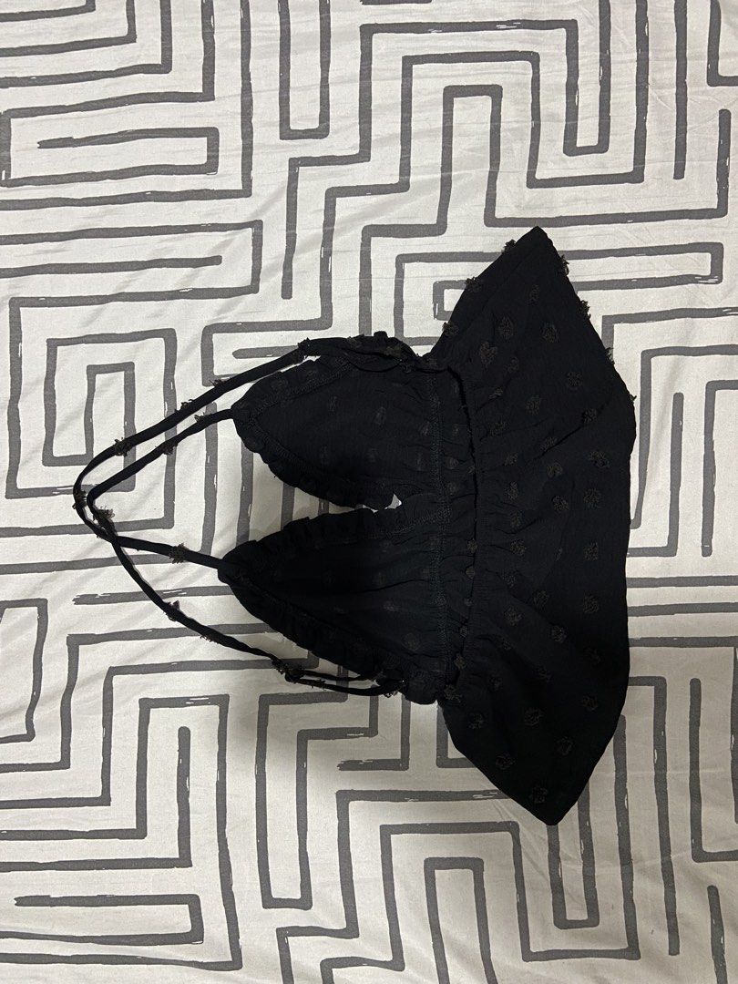 Shein cami backless top (Category: Sleeveless) located in Lapu-Lapu City. Submitted by denyella (Listing ID 1469985464, Image 3). Description: Shein polka dot crochet peplum cami backless top size: xs color: black NO ISSUES used twice only rfs: not my style anm.