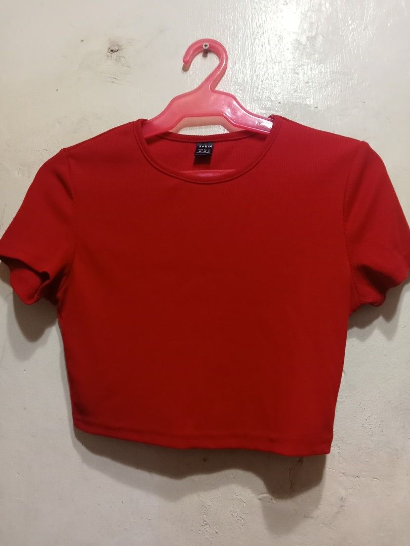 Shein Cropped Top (Category: Shirts) located in Quezon City. Submitted by wisdomsophia (Listing ID 1470047274, Image 1). Description: Ribbed Knit Cotton Top Color: Red Width: 14.5" Length: 14".
