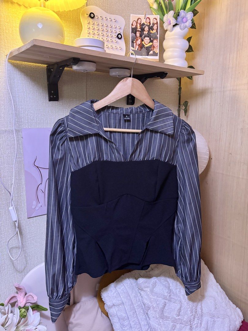 SHEIN Mod Striped Puffed Sleeve Corset Top (Category: Blouses) located in Manila. Submitted by joe_fashion1234 (Listing ID 1470136739, Image 2). Description: - Brand/Style: SHEIN Mod top - Size: Medium (tag attached) - Design: Black corset-style bodice with striped puffed sleeves and a collared V-neckline - Care: Clean and ready to wear - Styling tip: Looks amazing paired with high-waisted jeans or skirts.