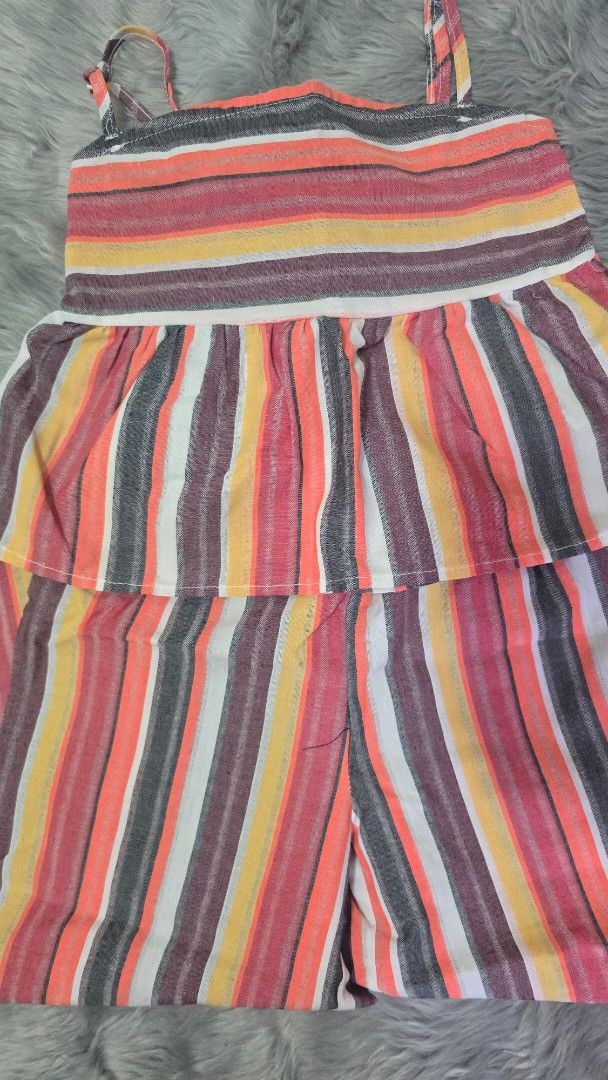 Shein Multi-color Striped Romper Size 7Y (Category: Rompers) located in Cabanatuan. Submitted by belle_1013 (Listing ID 1470023102, Image 3). Description: - Brand: Shein - Item: Multicolored striped romper - Size: 7Y - Features: Bright stripes (orange, yellow, grey, maroon, white), spaghetti straps, layered ruffle design - Origin: Made in China - Condition/Style: Fun and colorful, perfect for casual wear.