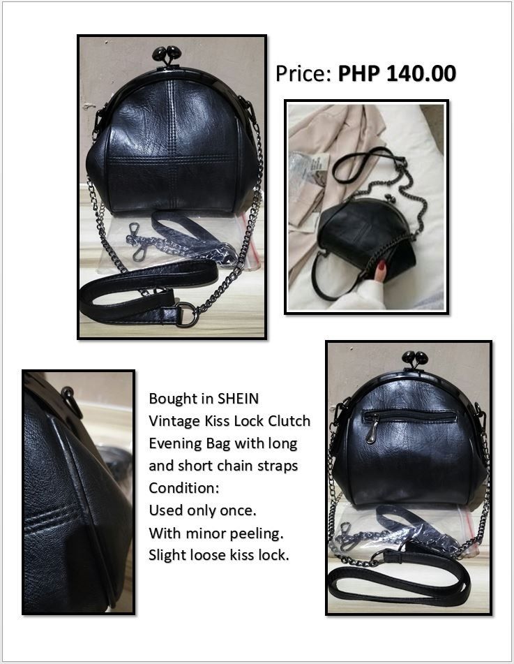 SHEIN Silver Sparkly Bucket Evening Bag (Category: Shoulder Bags) located in Caloocan City. Submitted by addelarea (Listing ID 1470072611, Image 3). Description: Silver Sparkly Bucket Bag Bought in SHEIN. Includes long and short chain straps. Magnetic clasp closure. Used only once. Vintage Kiss Lock Clutch Evening Bag with long and short chain straps. Bought in SHEIN Used only once. With minor peeling. Slight loose kiss lock. Women’s Glitter Ankl
