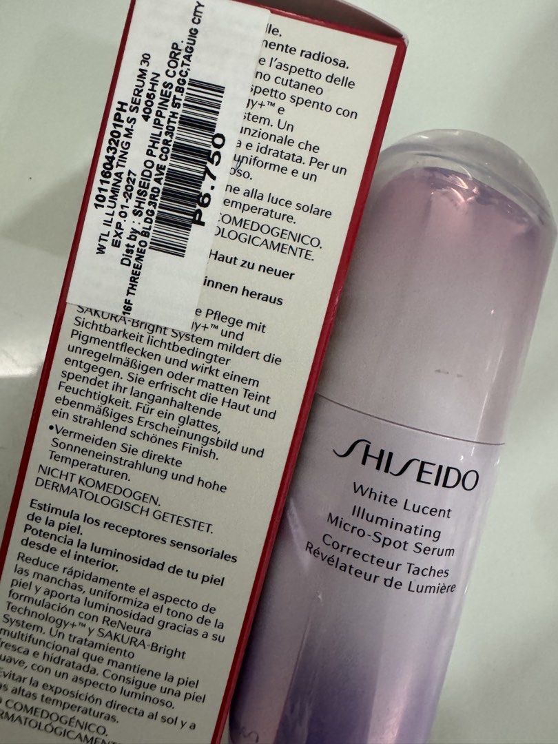 Shiseido White Lucent Illuminating Micro-Spot Serum (Category: Face Care) located in Manila. Submitted by decluterthings888 (Listing ID 1469961453, Image 2). Description: - Authentic Shiseido White Lucent Illuminating Micro-Spot Serum 60-70% LEFT - Volume: 30ml bottle - Features ReNeura Technology+ and Sakura-Bright System to target dark spots and brighten skin - Condition: Brand new, unopened packaging with box included - Expiration Date: 01-202