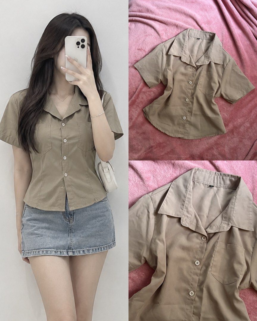 Short Sleeve Button Down Shirt Khaki (Category: Shirts) located in Manila. Submitted by coolflower-e6627b (Listing ID 1470096507, Image 1). Description: - Color: Versatile khaki earth tone - Fit: Fitted silhouette with a flattering curved hem - Design: Classic lapel collar with a convenient front chest pocket - Material: Lightweight and breathable fabric, ideal for daily wear - Styling: Easily pairs with high-waist pants or denim skirts.