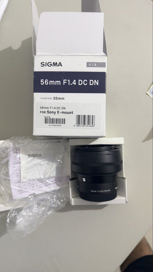 Sigma 56mm F1.4 DC DN for Sony E-mount (Category: Lens & Kits) located in Santa Maria. Submitted by jestonicruz (Listing ID 1470100523, Image 3). Description: - Model: Sigma 56mm F1.4 DC DN Contemporary Lens - Mount: Sony E-mount mirrorless - Condition: Mint, clean body, untouched glass - Features: Ultra-sharp optics, bright F1.4 aperture for stunning bokeh - Filter Size: 55mm - Inclusions: Complete with original box, packaging, and paperwork.